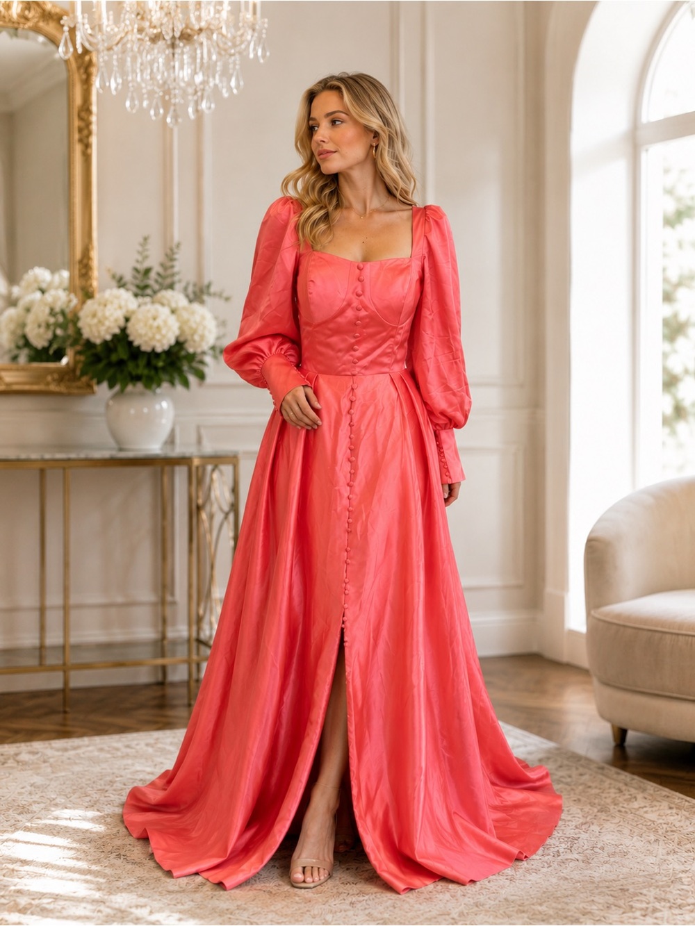 HEBEOS wedding dress Coral Pink Satin Puff Sleeve Maxi Gown Dress Size S NWT